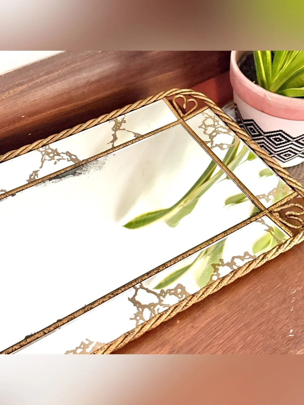Rectangle Mirror Wall Hanging Vanity Tray 1960’s Vintage Metal Twist Frame Heart
